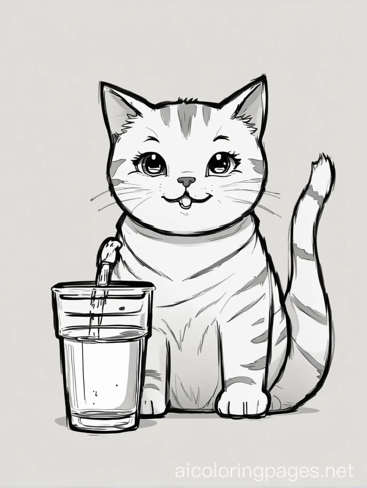 cute cat smiling and drinking water, 
Coloring Page, black and white, line art, white background, Simplicity, Ample White Space. , Coloring Page, black and white, line art, white background, Simplicity, Ample White Space. The background of the coloring page is plain white to make it easy for young children to color within the lines. The outlines of all the subjects are easy to distinguish, making it simple for kids to color without too much difficulty