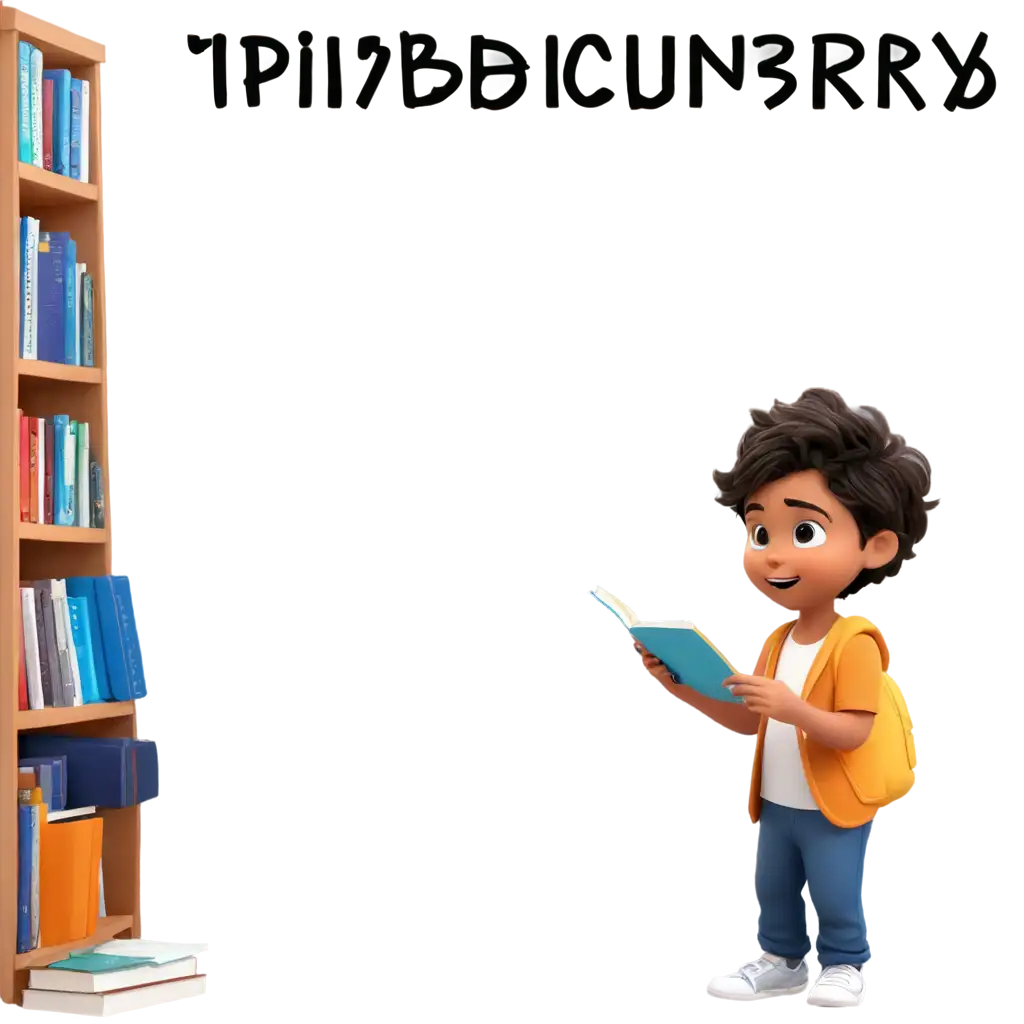 Create a pic that is a carton picture of a public libary with a kide looking at the index of a book