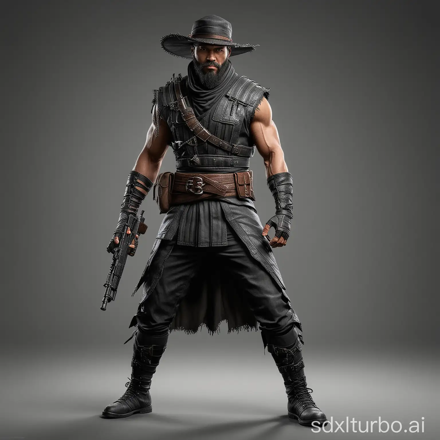 On a plain bacground is a A bearded kung lao mortal kombat holding an assault rifle pubg with full armor in a full body portrait. This is a full body photo realistic high resolution image with sharp clean subject focus