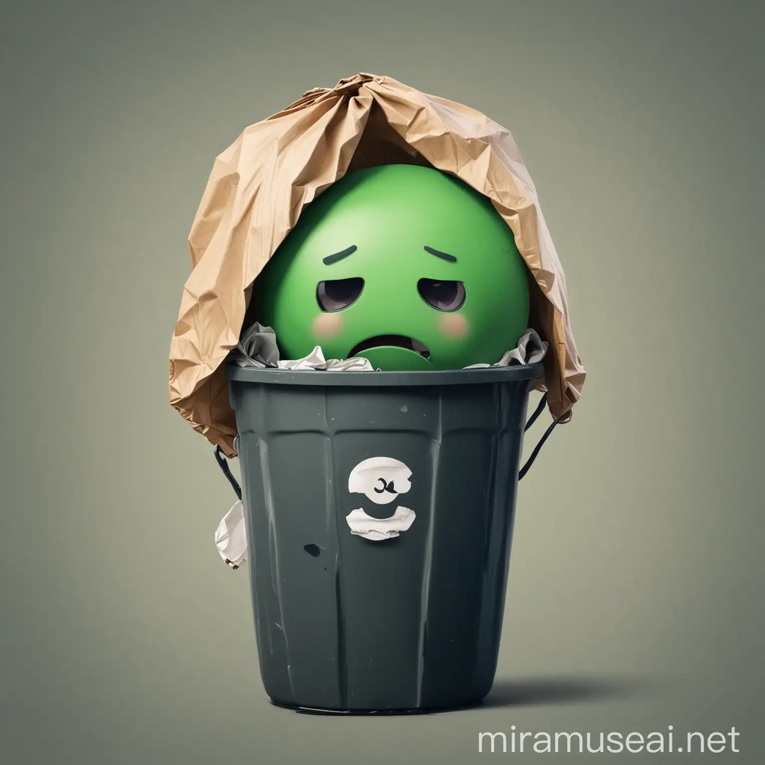 A WhatsApp icon with a sad face and throwing himself into a trash can with a bag or a bag on his shoulder