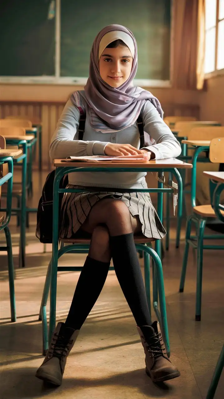 A arabian beautiful girl.  14 years old. She wears a hijab, skinny shirt, so mini school skirt, black opaque tights, small winter boots,
She is beautiful. She crossed leg on the desk.
Bird's eye view, in classroom, elegant sits 