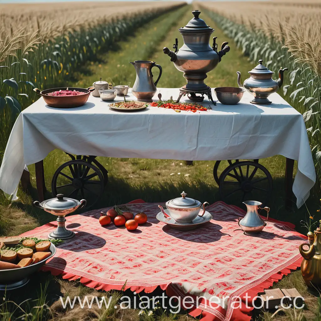 a tablecloth in a field with food and a samovar on it