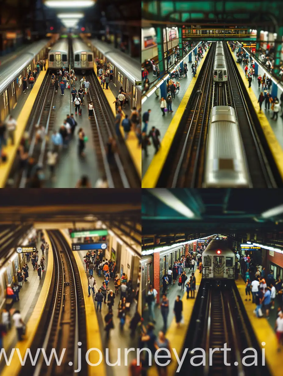 Tiltshift photograph of a subway station with subways and lots of people