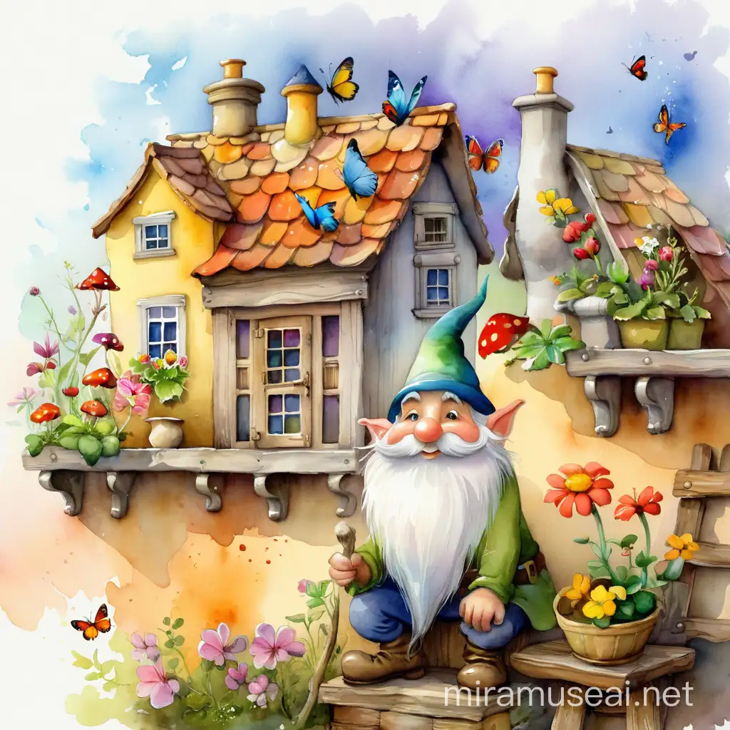 милый добрый маленький гномик сидит на крылечке своего домика с окошками и ставнями и что-то мастерит, мотыльки, птички, цветы, watercolour style by Alexander Jansson