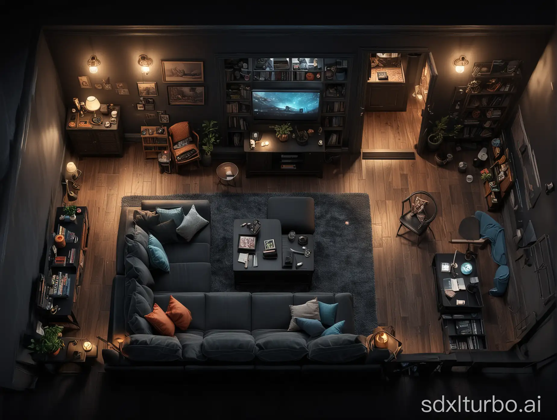 full-size ultra-3d Pixar of a top view of a black living room in the night with one couch no table, with an entrance door in front and entrance door at the back, full body room with 4k quality image