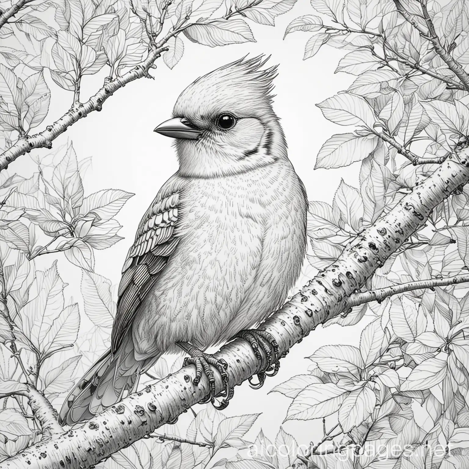 stellaes jay in tree
, black and white, fine lines, no shading, no colour, Coloring Page, black and white, line art, white background, Simplicity, Ample White Space. The background of the coloring page is plain white to make it easy for young children to color within the lines. The outlines of all the subjects are easy to distinguish, making it simple for kids to color without too much difficulty