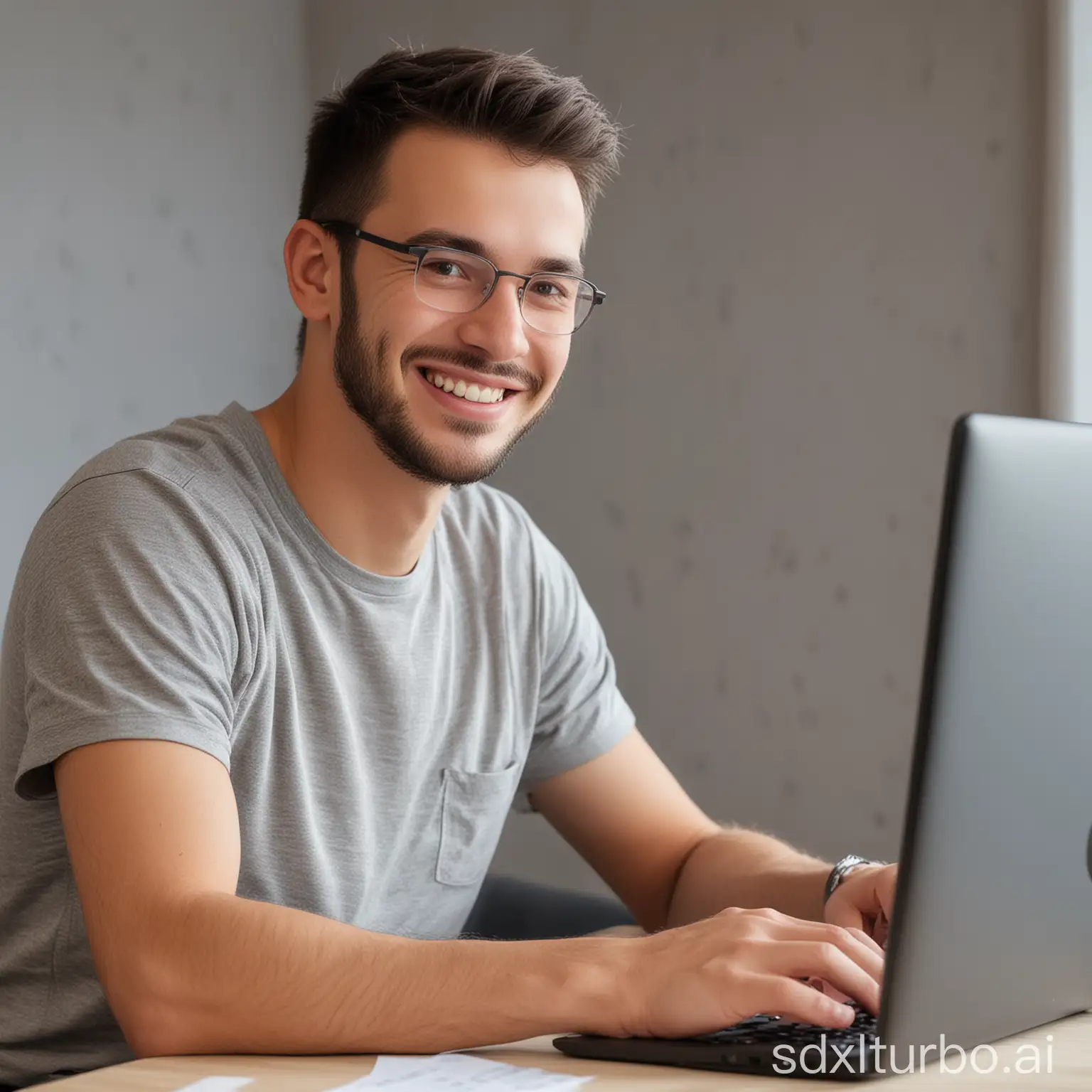 Man programmer still coding with smile for next task