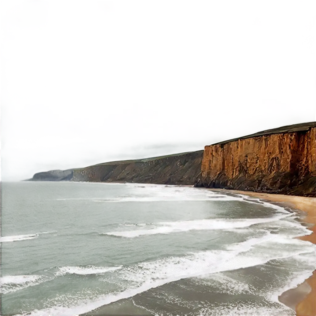 a coastline with cliffs and rocks along a beach, clouds in the sky and waves lapping up on the sand.