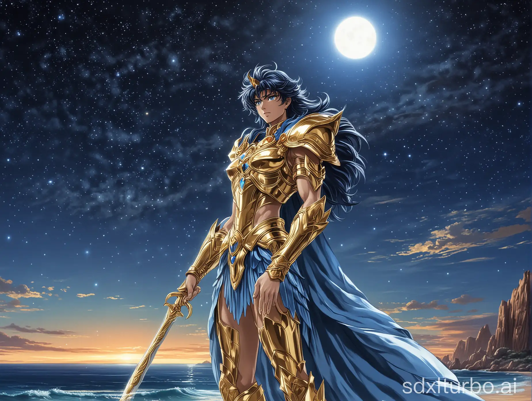 Under the starry sky, by the azure seaside, Saint Seiya is awaiting the arrival of Athena.