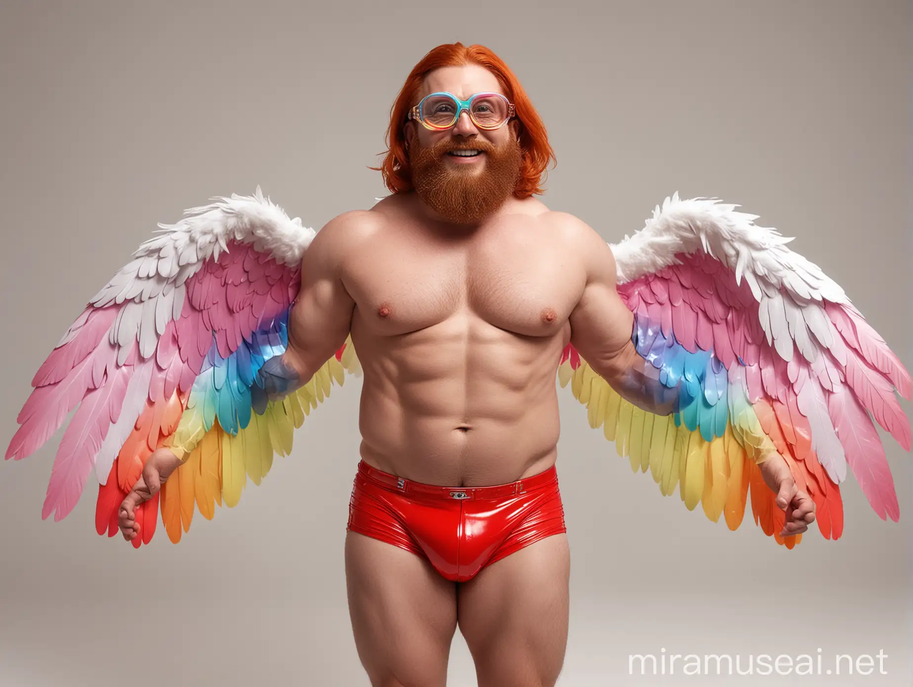 Topless 40s Red Head Bodybuilder Flexing with Rainbow Eagle Wings Jacket