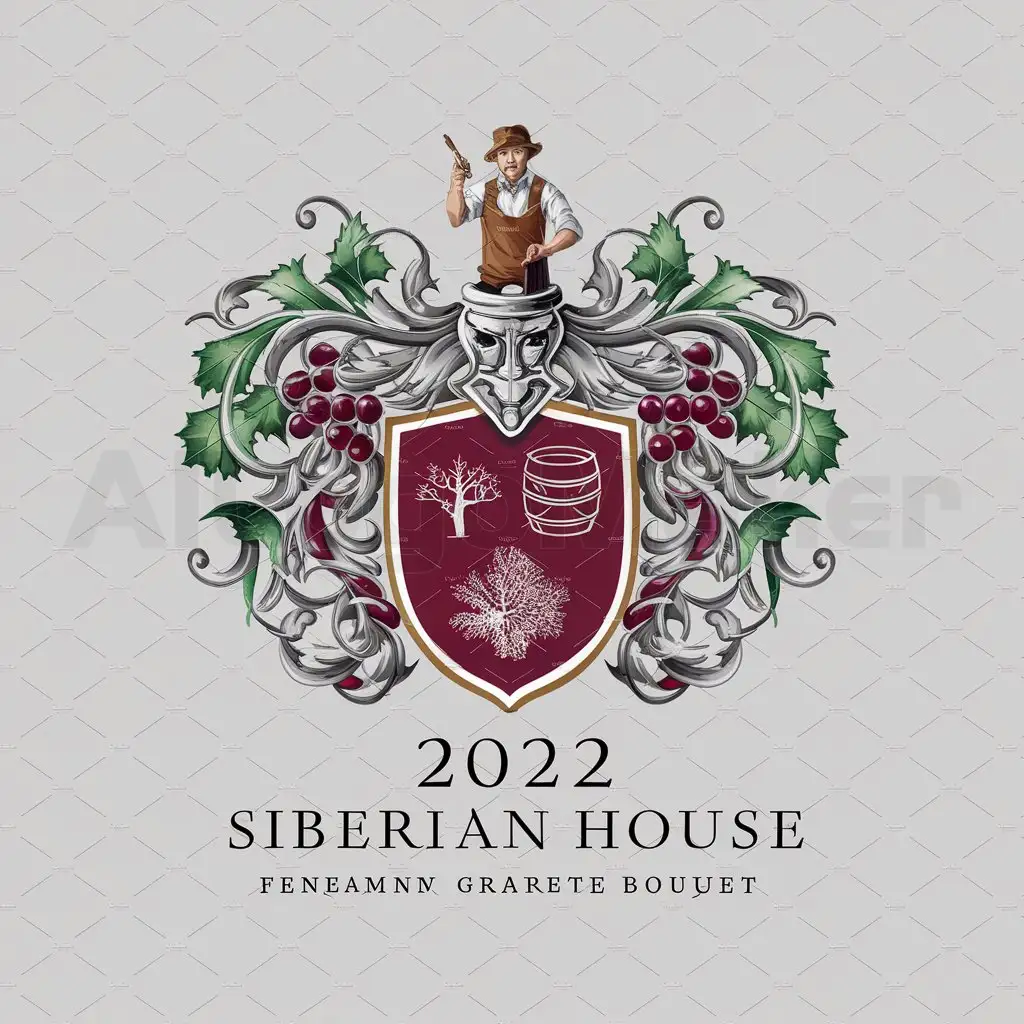 a logo design,with the text "2022 Siberian house", main symbol:S craftsman vine grape glass bottle barrel coat of arms shield red wine snow taiga nature bouquet,complex,clear background