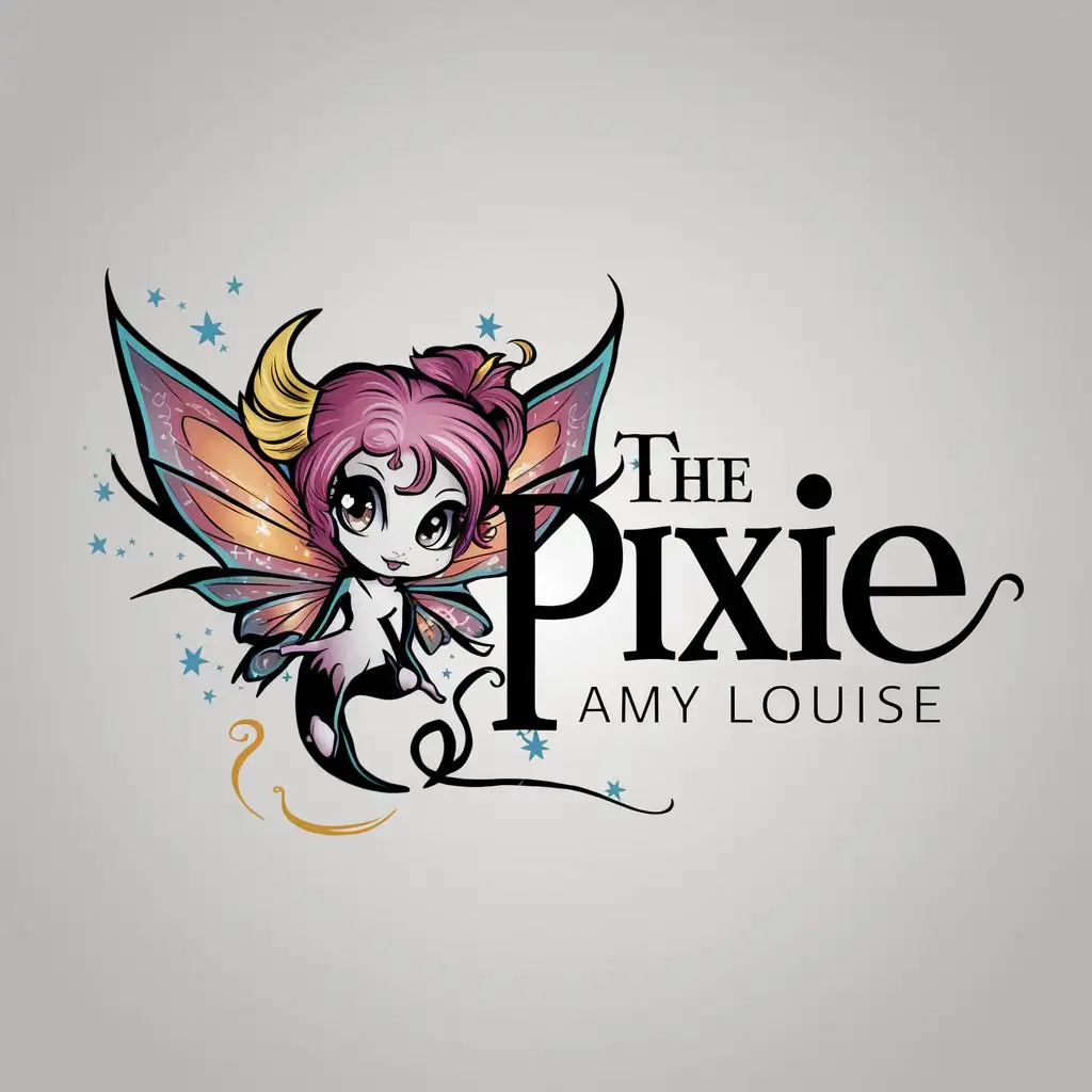 a logo design,with the text "The pixie Amy Louise", main symbol:anime pixie,complex,clear background