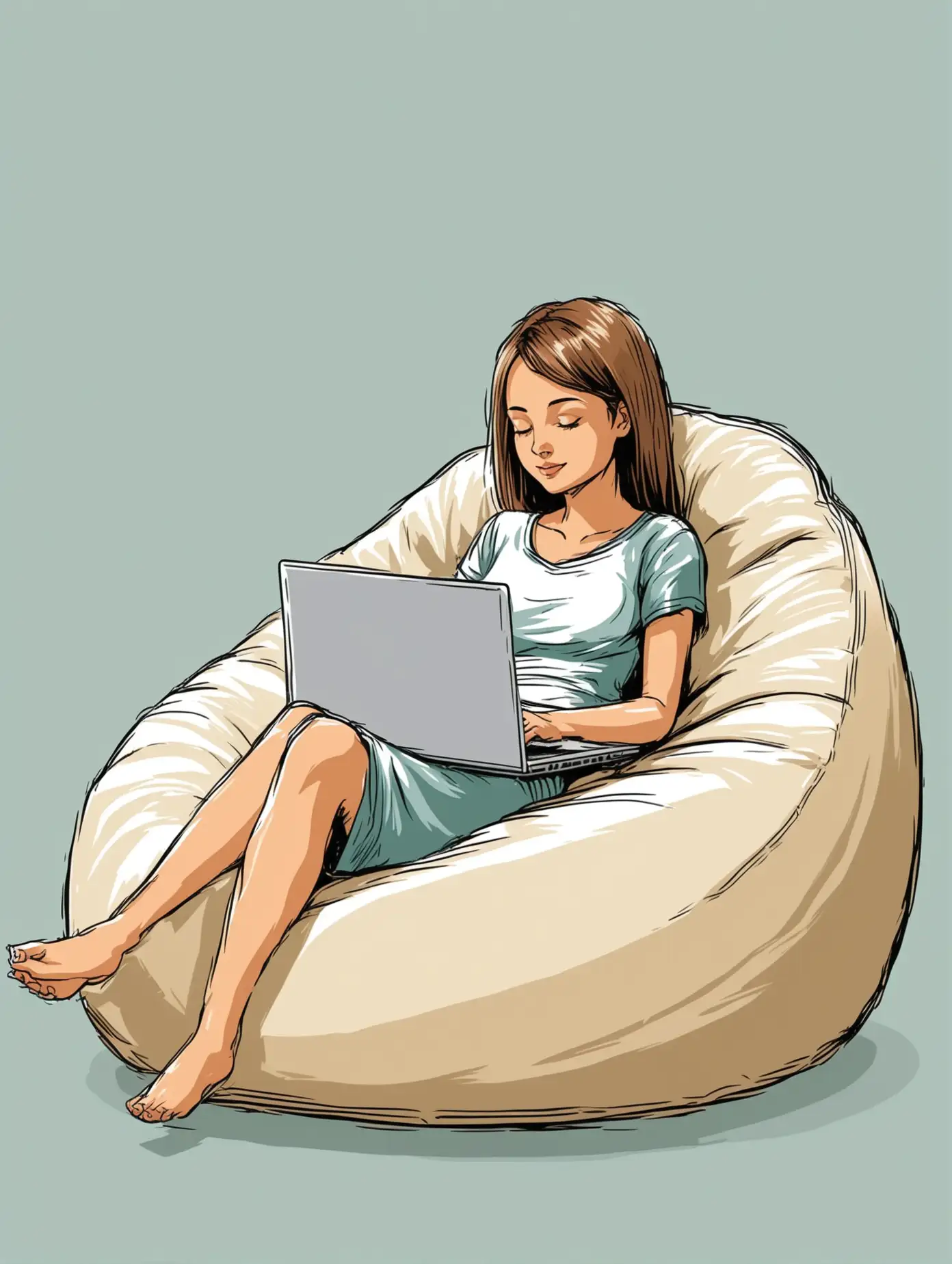Vector drawing Young woman is relaxing on comfortable beanbag chair and using laptop