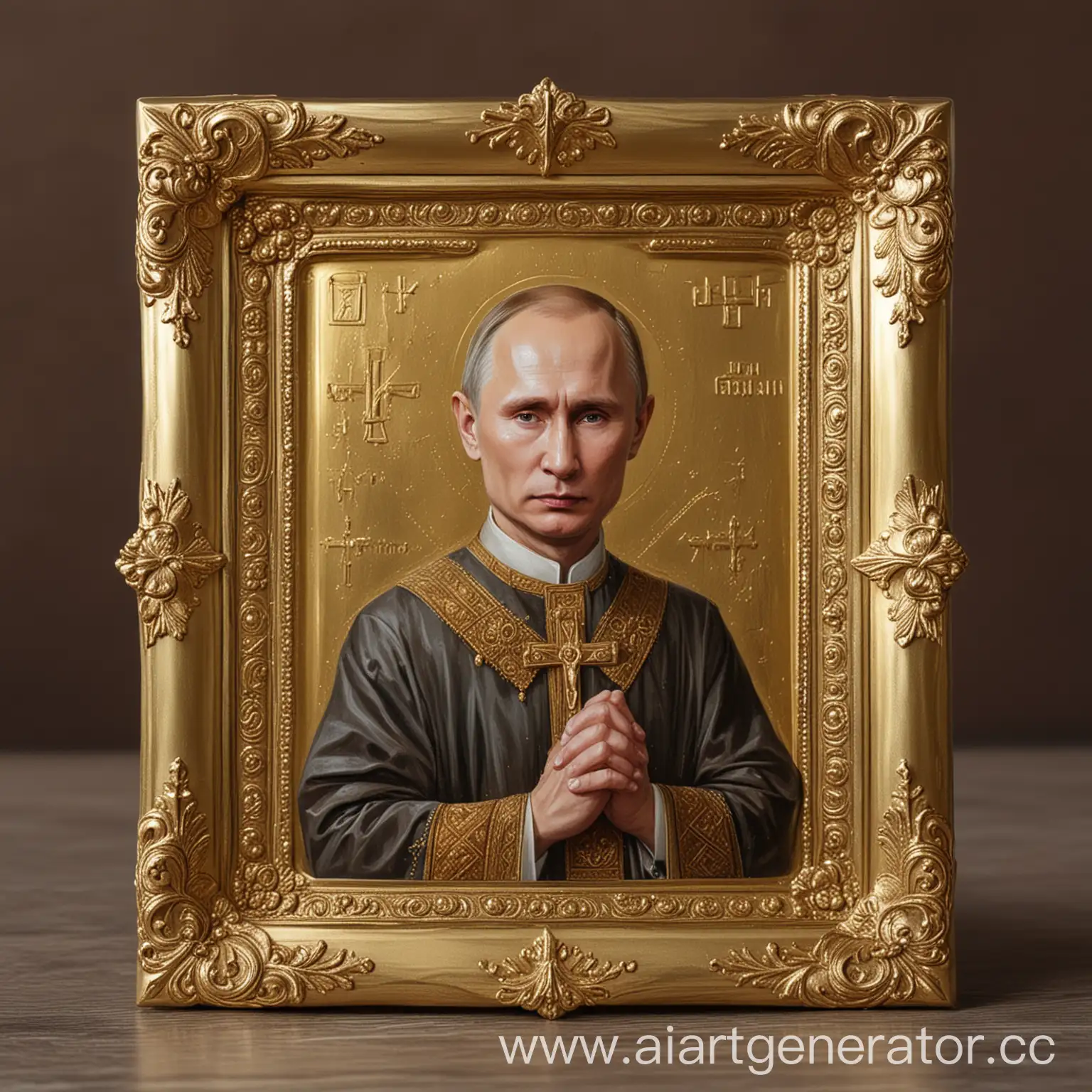 Икона с Владимиром Путиным в золотой рамке, храмовая икона, кресты, бог, религия, христианство 