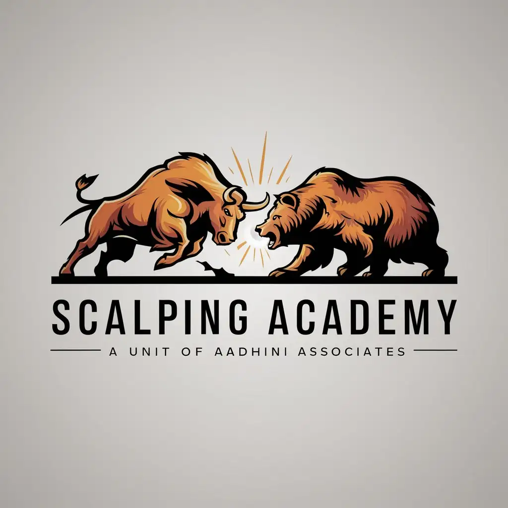 a logo design,with the text "Scalping Academy A Unit of Aadhini Associates", main symbol:Bull vs Bear,complex,clear background