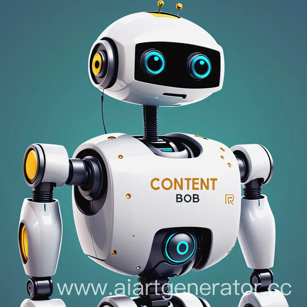 бот, которого зовут Боб. Бот выглядит как умный робот, который создает контент. На его груди написано "content-bot Bob".
