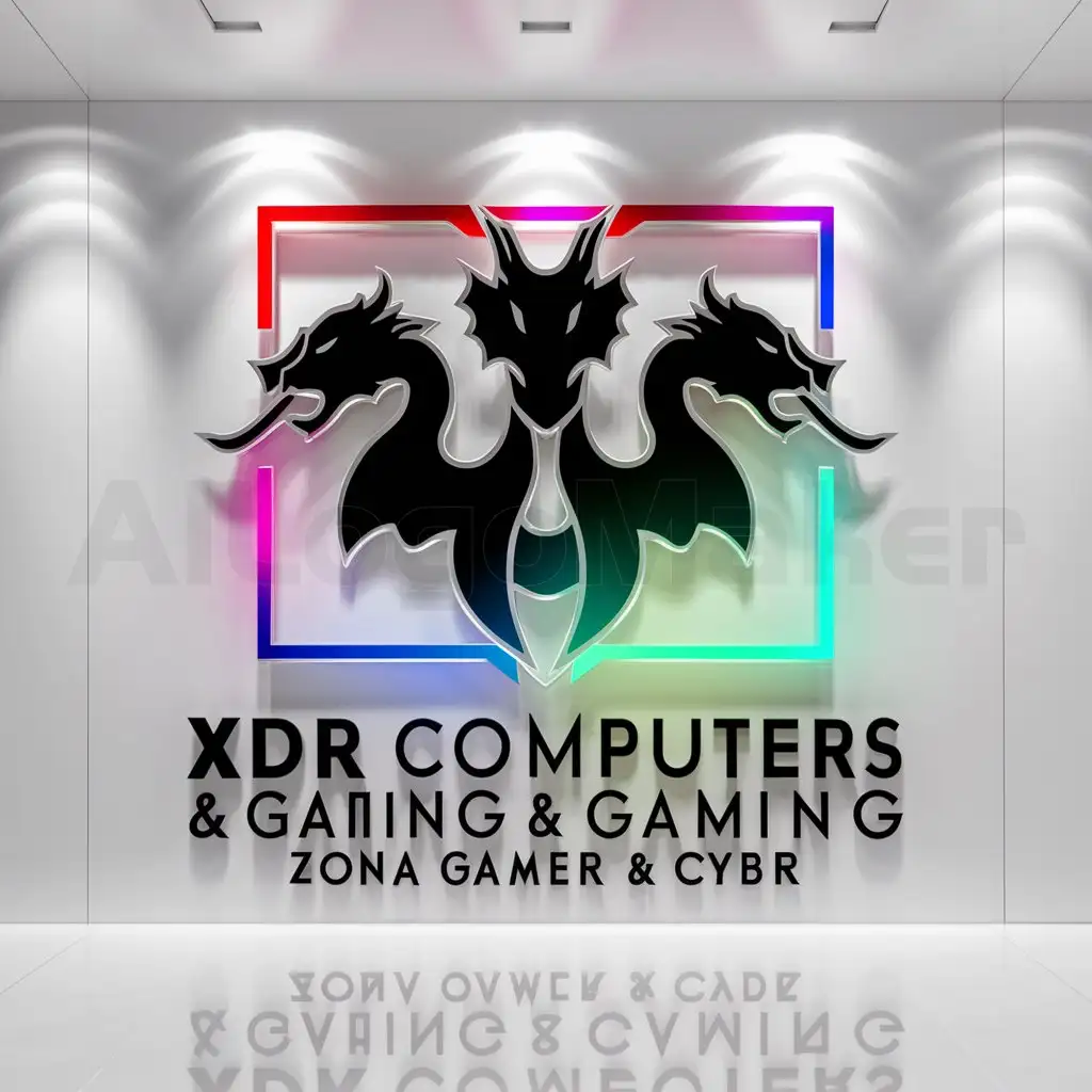 a logo design,with the text "XDR Computers & GamingnZona Gamer & Cyber", main symbol:hydra dragon con 3 cabezas on rgb frame,complex,be used in Technology industry,clear background