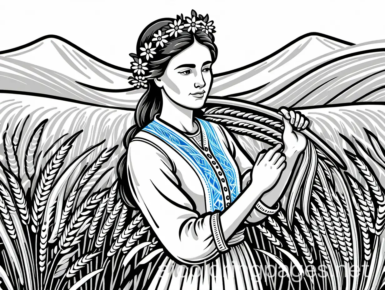  Peasant woman with dark hair and blue eyes, with a wreath of wildflowers on her head, in an embroidered white shirt, cutting ripe wheat with a sickle, wiping drops of sweat off her forehead with the back of her hand, vector image, Coloring Page, black and white, line art, white background, Simplicity, Ample White Space. The background of the coloring page is plain white to make it easy for young children to color within the lines. The outlines of all the subjects are easy to distinguish, making it simple for kids to color without too much difficulty