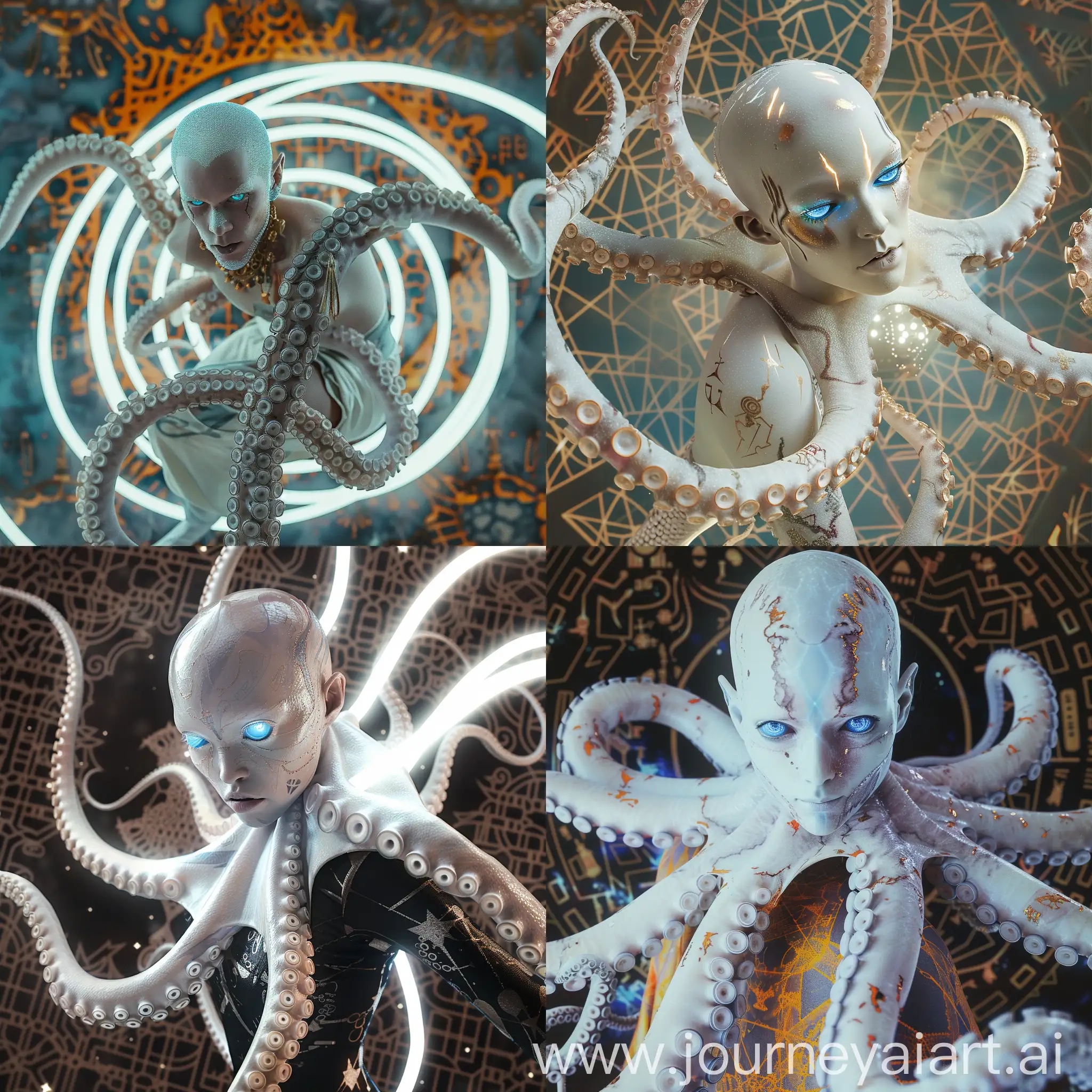 Sleek-Ultra-Realistic-Vogue-Style-Albino-Blue-Eyes-Tribal-MonkOctopus-Hybrid-Floating-in-Mysterious-Energy-Light