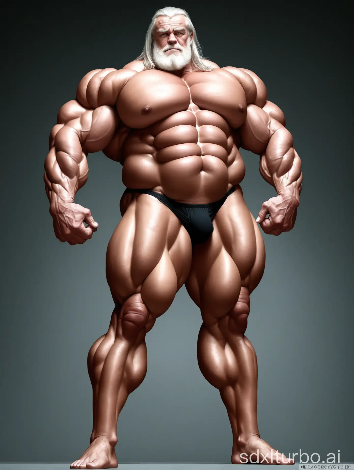 White skin and massive muscle stud，Huge and giant and Strong body，Very strong legs， 2m tall，very Big Chest，very Big biceps，very 8-pack abs，Very Massive muscle Body，Wearing underwear，he is giant tall，very fat，very fat，Full Body，very long strong legs， raise his arms to show his huge biceps ，raise his arms to show his huge biceps，very old man，long hair，very thick muscles，very thick body，