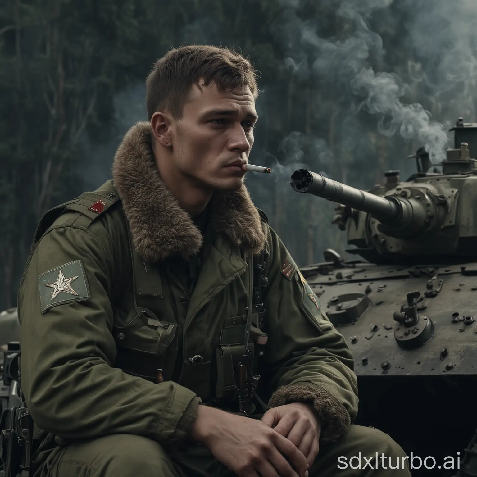 russian soldier sits on a russian tank and smokes a cigarette ,4k,cinematic look,dark