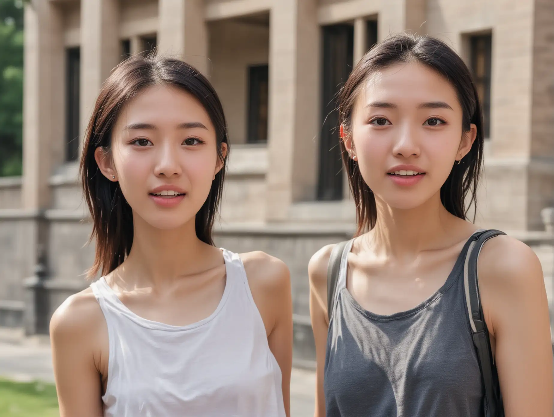 Close up faces of two beautiful skinny female students at an elite Chinese university, standing outside on campus on a hot day blushing and staring at the camera in shocked excitement