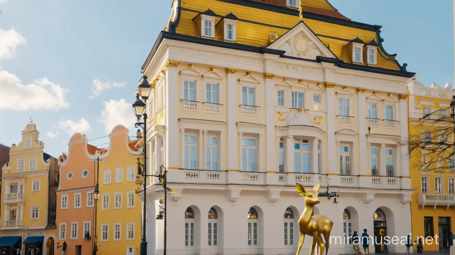 The city center, a sunny day, a visible sculpture of a small fawn cast in gold.