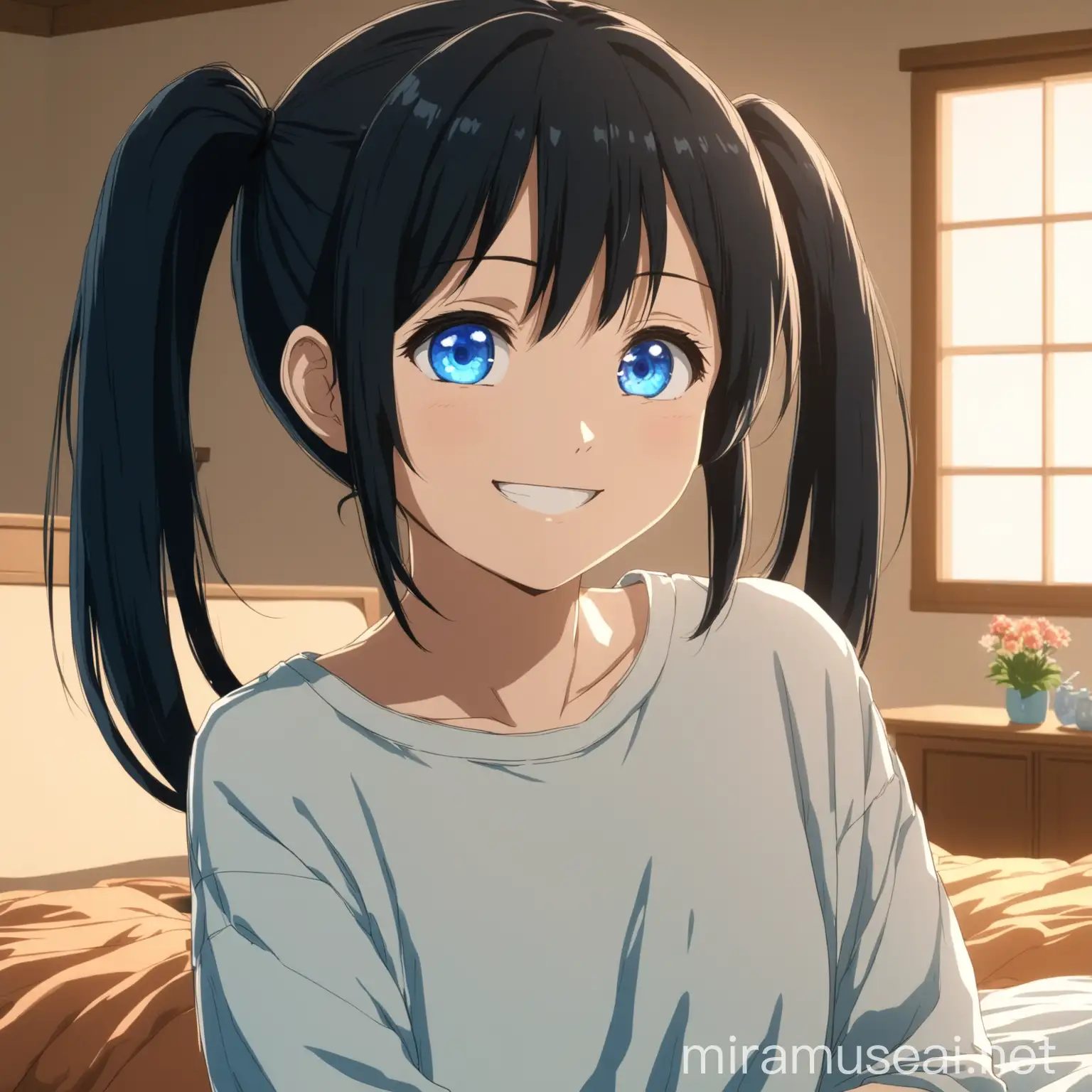 18 years old anime girl with black twintail and blue eyes being a wife smiles softly at home 