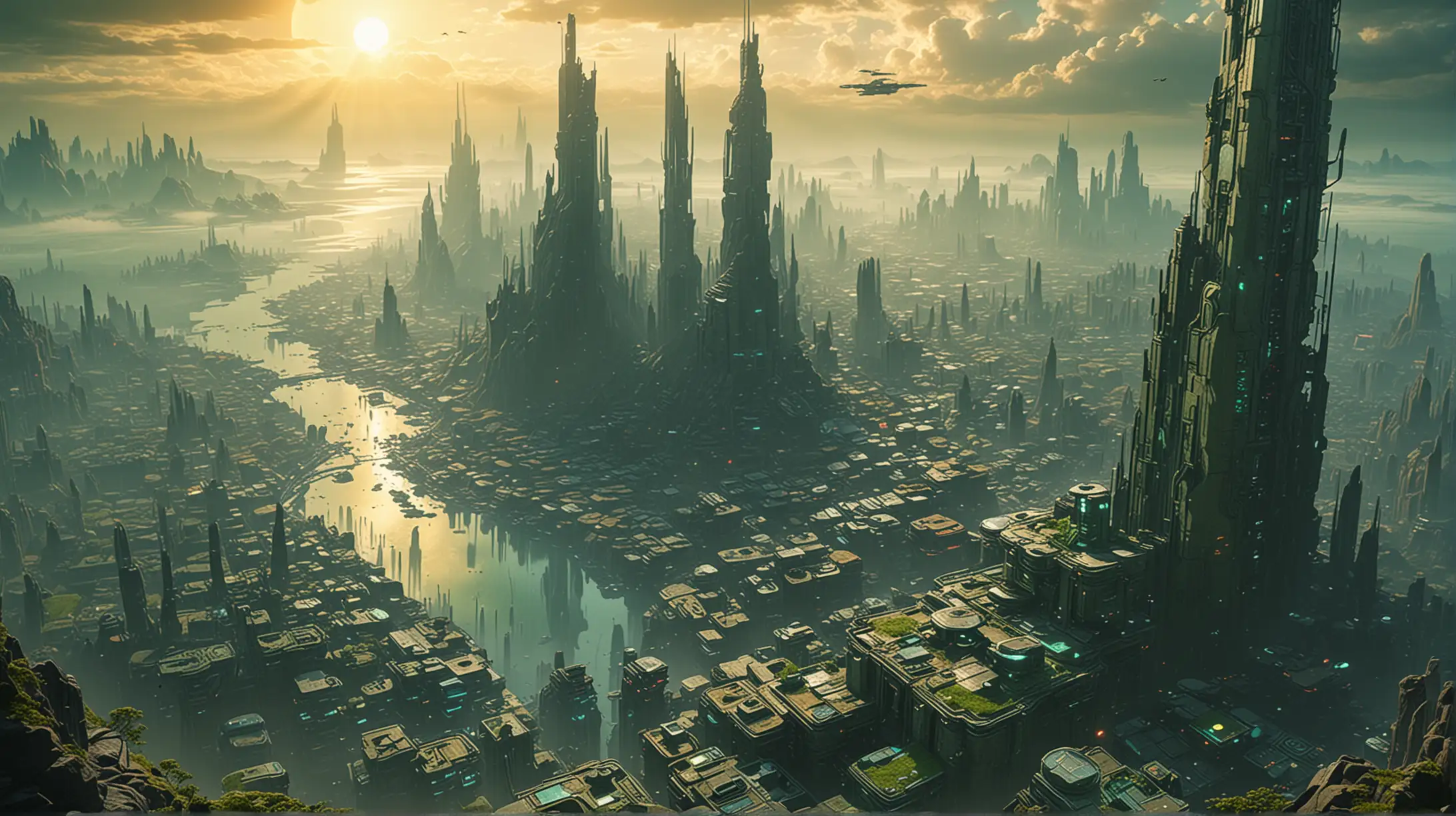 a cyberpunk city made of stone, glass and steel on a distant planet, big sun, light green atmosphere, fog, bright colors, bird's eye view