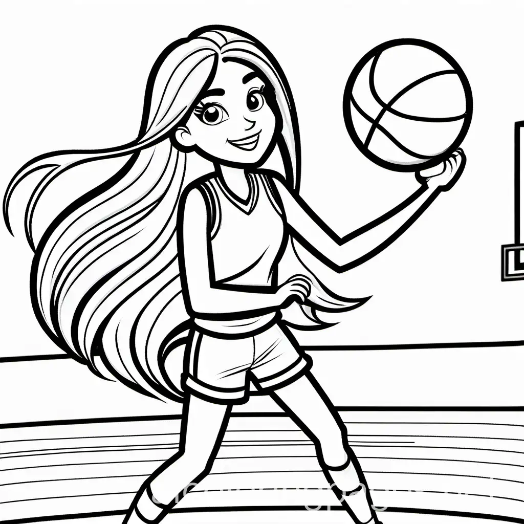 Slim girl with long blond hair playing basketball, Coloring Page, black and white, line art, white background, Simplicity, Ample White Space. The background of the coloring page is plain white to make it easy for young children to color within the lines. The outlines of all the subjects are easy to distinguish, making it simple for kids to color without too much difficulty
