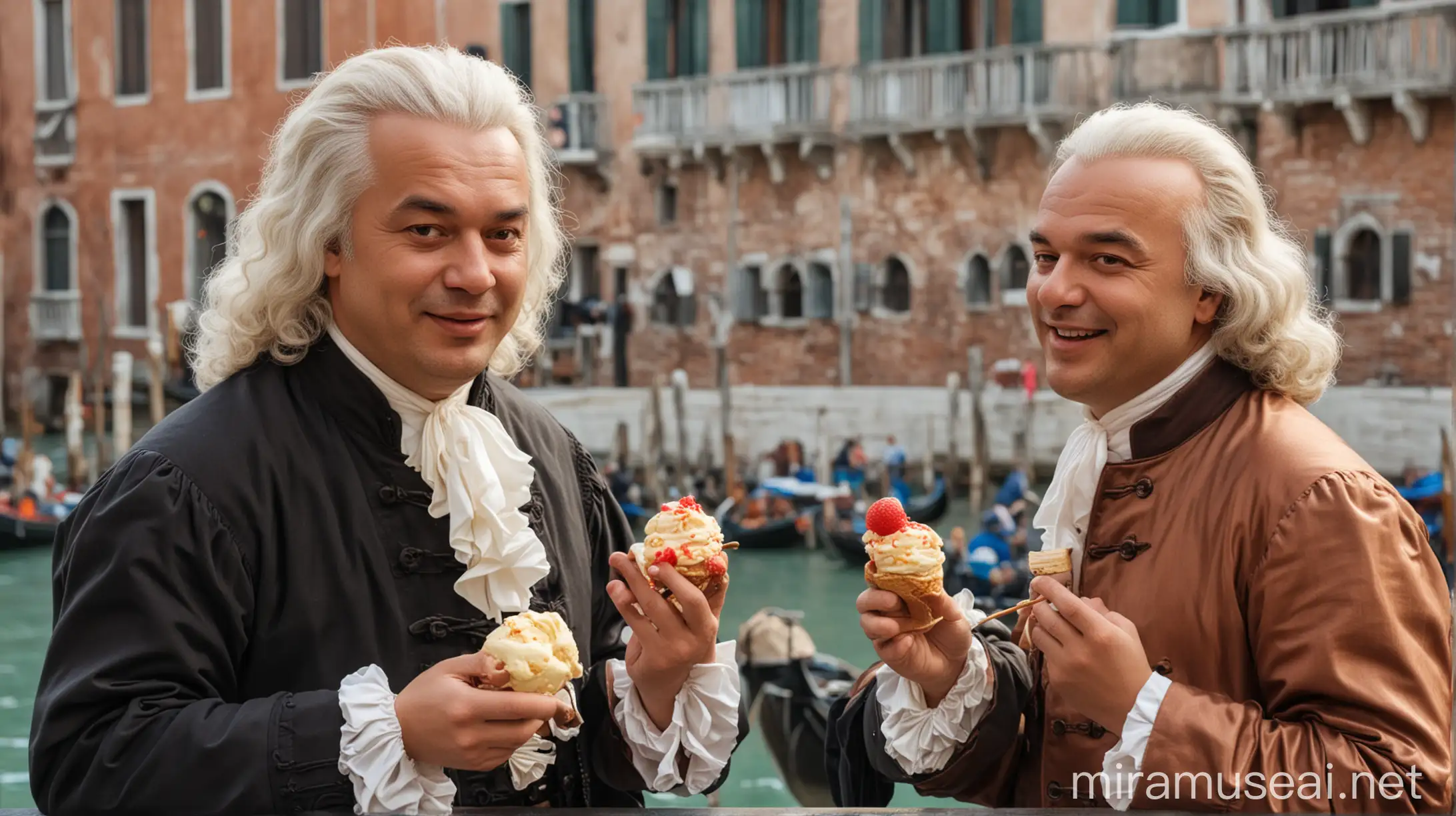 Johann Sebastian Bach and Antonio Vivaldi sharing a gelato in Venice