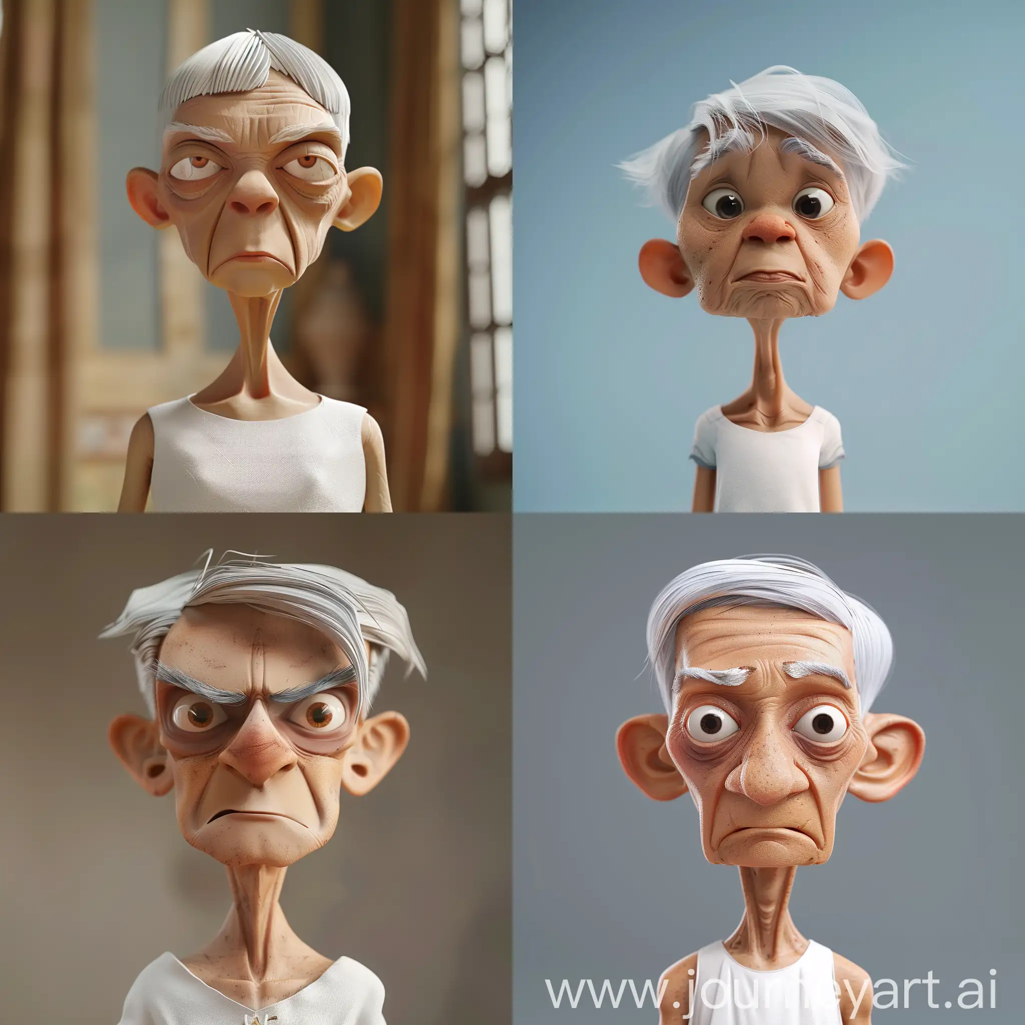3D animated image of an old man with short white gray hair, a little bad manners, thin, sunken lips, normal and thin face, South American face shape, the character is wearing a white dress and. The background of the pi (1)