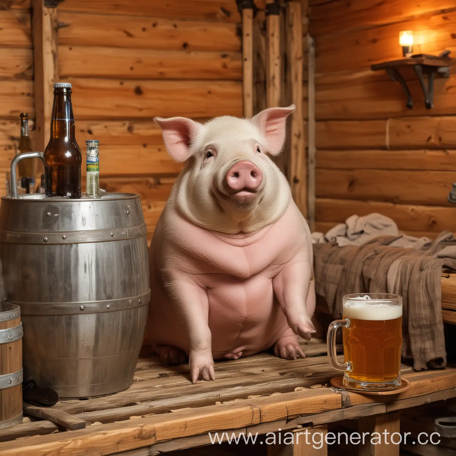 Пузатая, жирная свинья, с кружкой пива, сидит в сауне и кайфует.