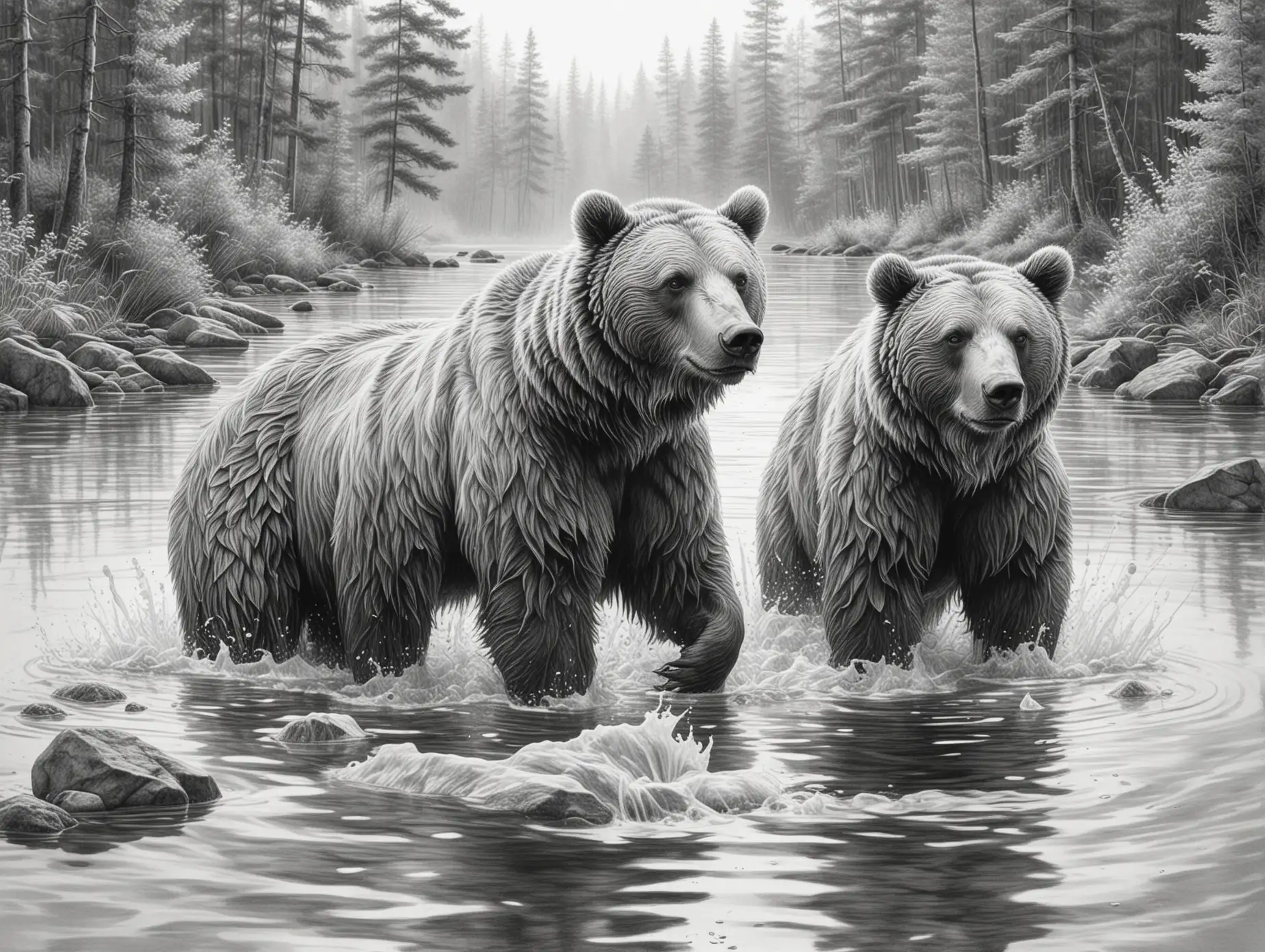 Realistic-Pencil-Drawing-of-Two-Bears-Swimming-in-a-Natural-Lake