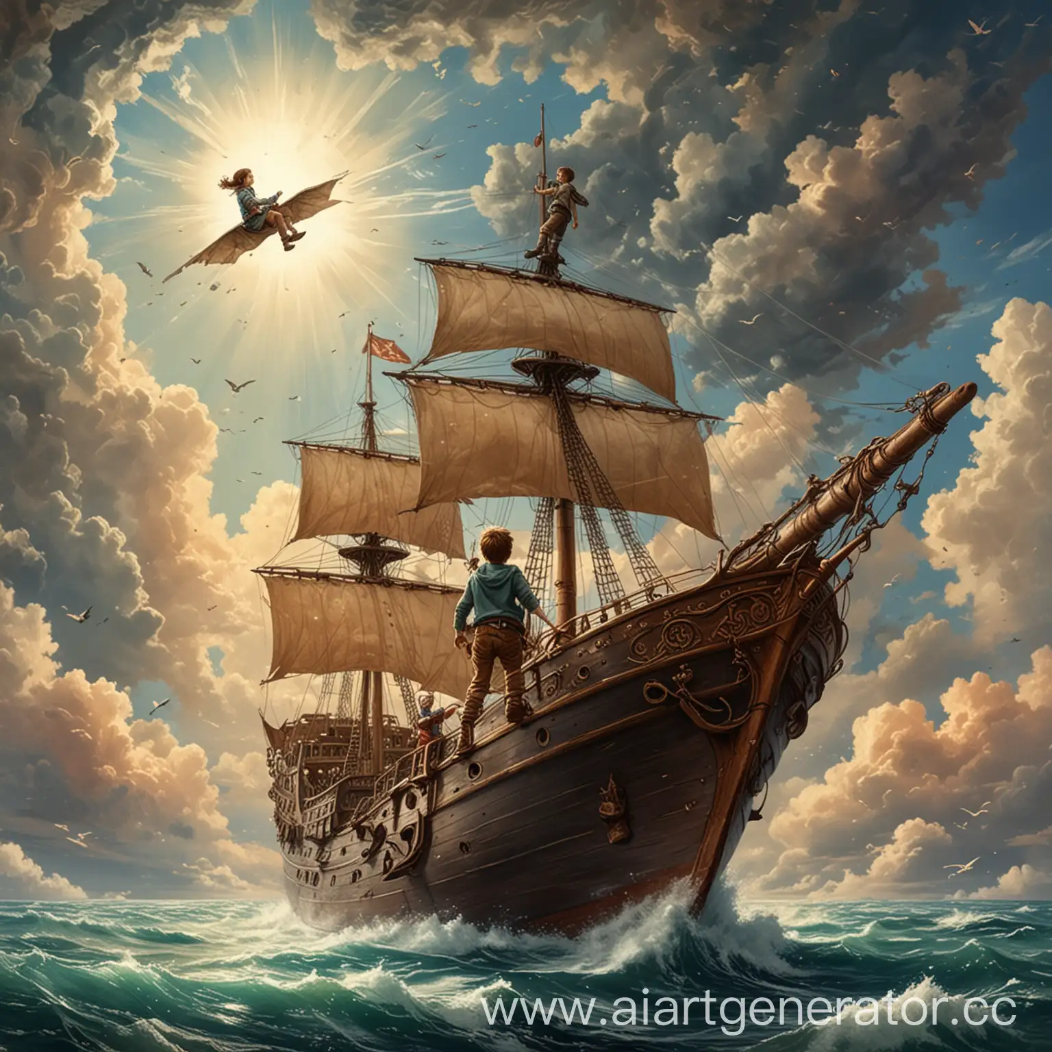 парень на корабле, летит к девушке на небо, рисунок художника