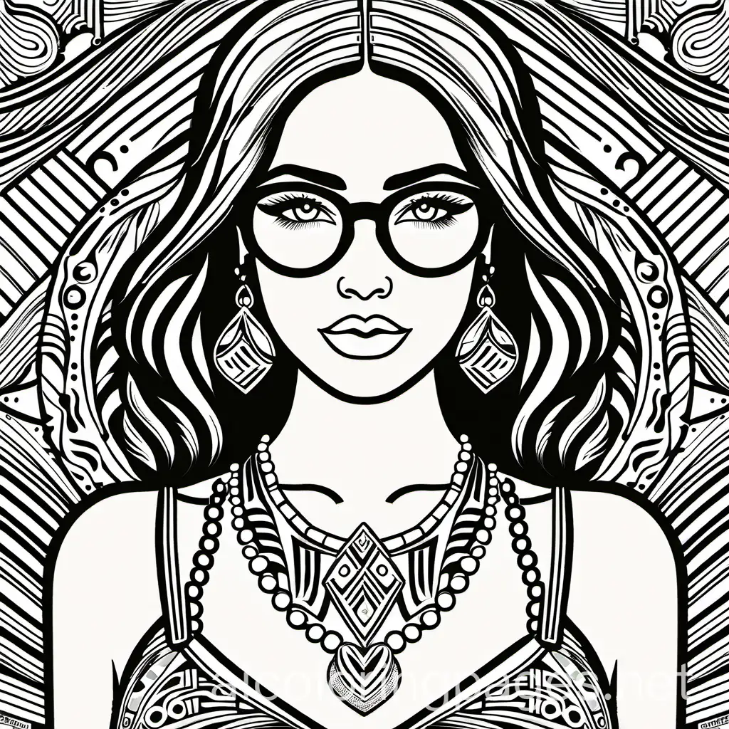  attractive young woman, glasses, jewelry, patterns, view from breasts to face, realistic, half body, handbag, facial piercing, jacket, Coloring Page, black and white, line art, white background, Simplicity, Ample White Space. The background of the coloring page is plain white to make it easy for young children to color within the lines. The outlines of all the subjects are easy to distinguish, making it simple for kids to color without too much difficulty 