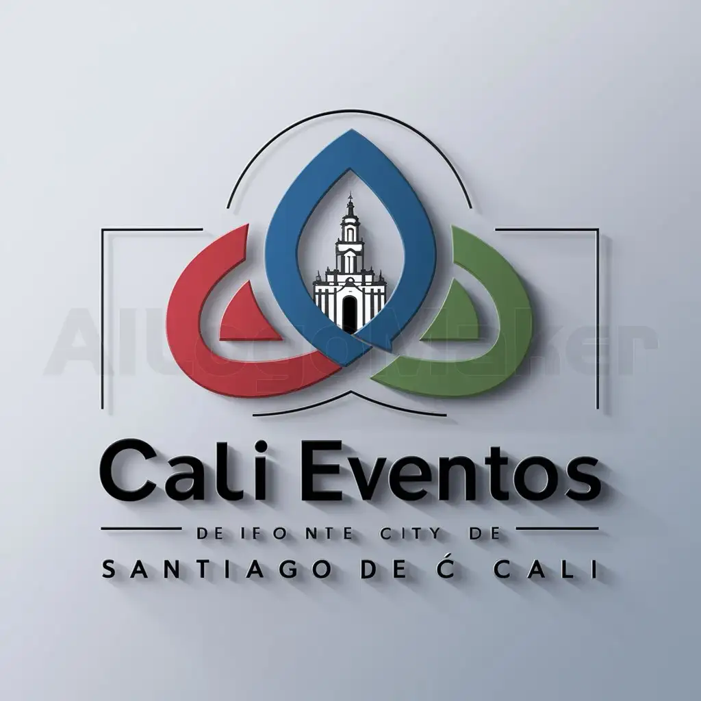 a logo design,with the text "Cali Eventos", main symbol:create a logo that represents the city of santiago de cali, with the colors, red, blue and green, include the church la ermita in the center of the drawing,Moderate,be used in Technology industry,clear background