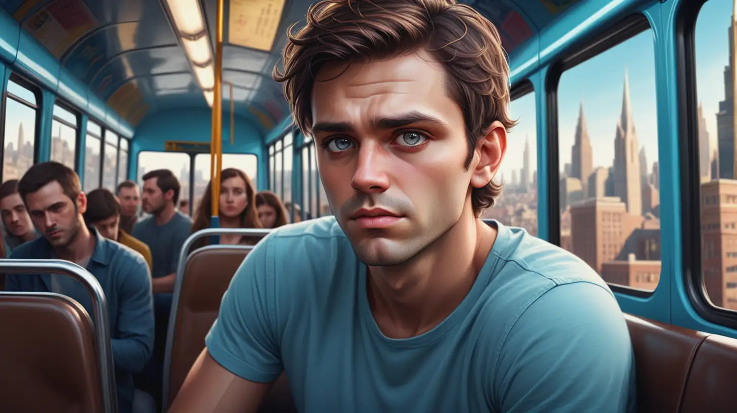 Create a highly detailed, fantastical style image with vibrant colors and dramatic, soft lighting. The scene should have an immersive, magical atmosphere with intricate backgrounds and glowing, radiant elements. Show a 30-year-old man, 6 feet tall, with a light olive complexion. He has short, dark brown hair that is slightly tousled but neat, and warm brown eyes. His face is clean-shaven with a slightly squared jawline. He is wearing a light blue t-shirt, dark blue jeans, and brown leather shoes, looking tired and contemplative, commuting on a crowded bus full of people. A cityscape in the background.