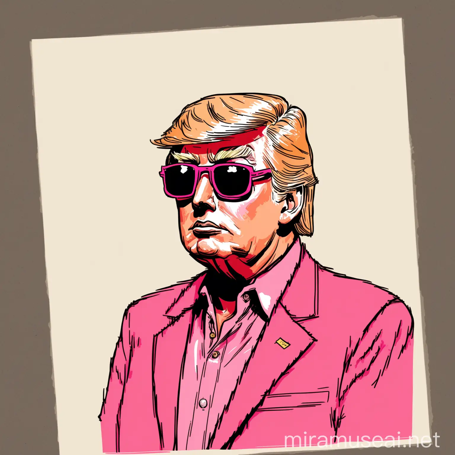  hand-drawn illustration of Donald Trump in pink cowboy wears sunglasses 
