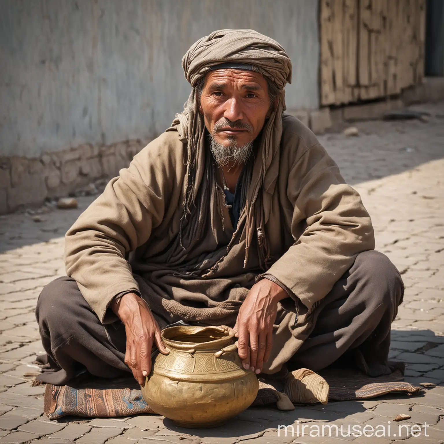 Central Asian Style Beggar Thief in Intriguing Urban Setting