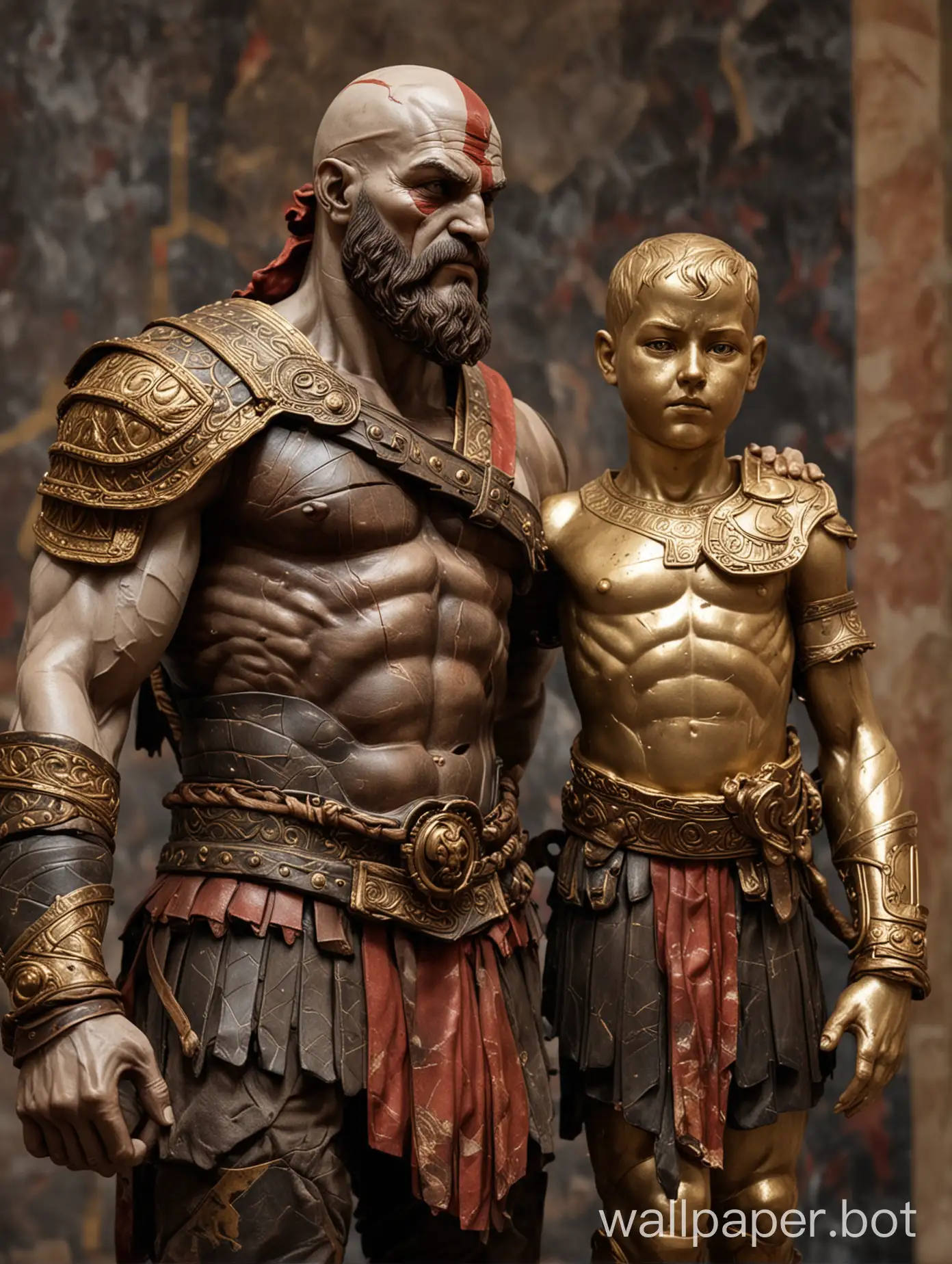 Gold-and-Black-Marble-Statue-of-Kratos-and-Atreus-in-Museum