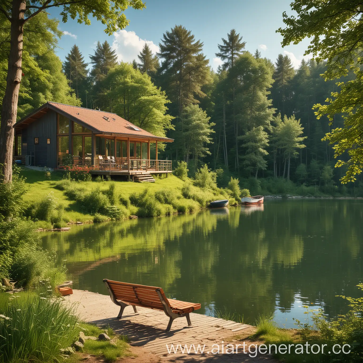 лес, дом в современном стиле, озеро, летняя солнечная погода, скамейка, лодка