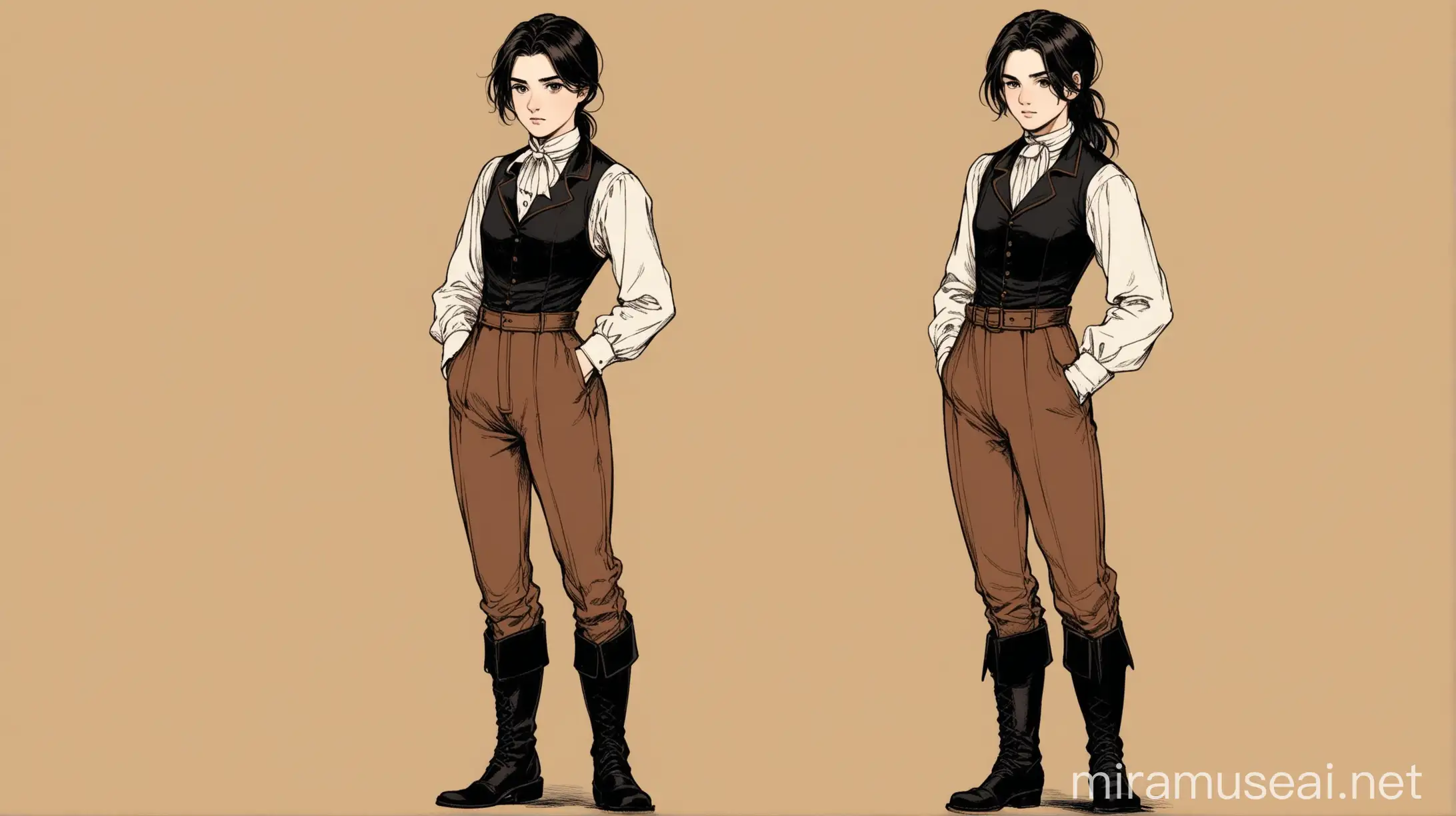 19th century, girl pretending to be a man, black hair, pony tail, androgynous face, brown pants, black leather boots, poet shirt
