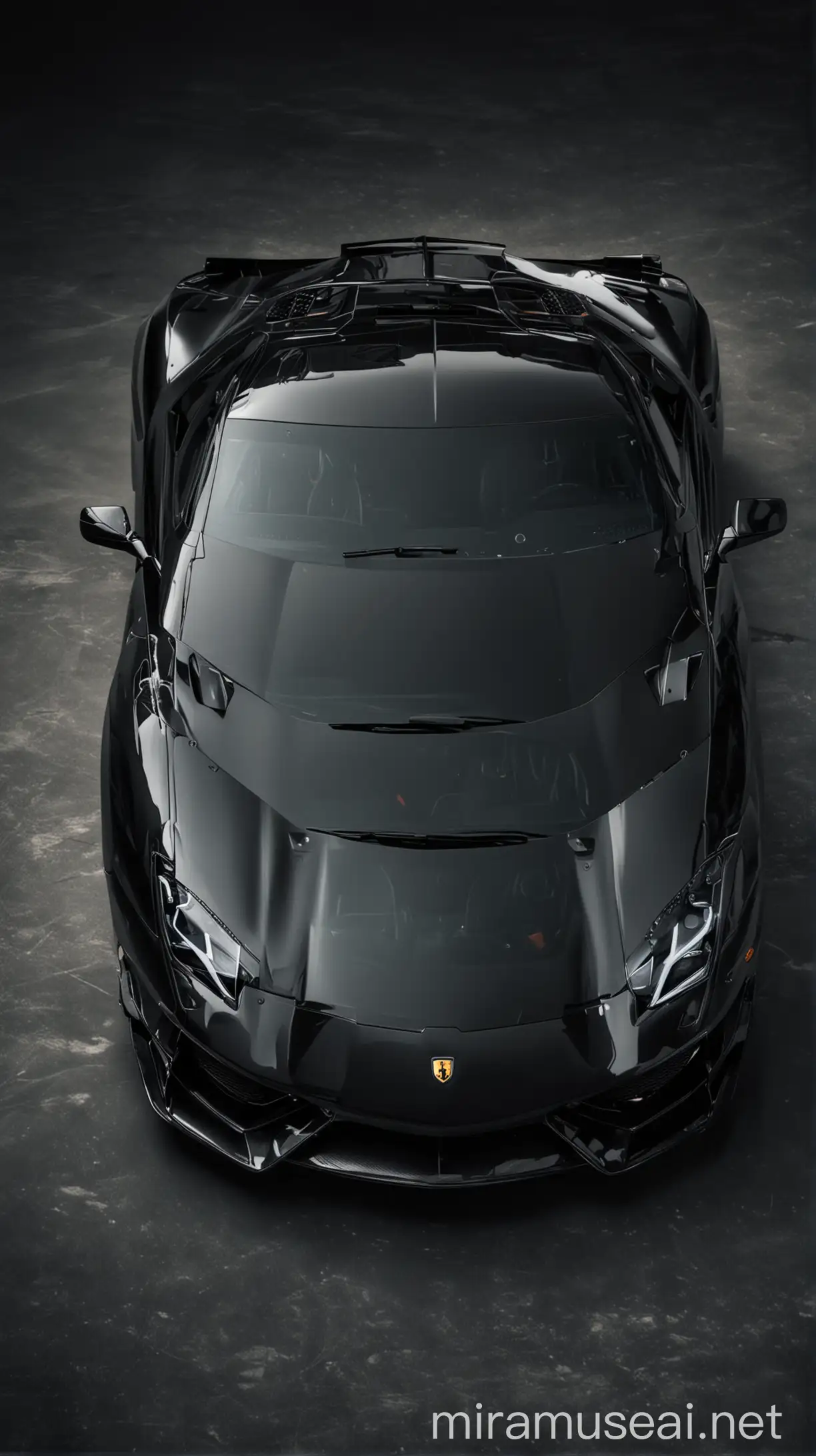 New Lambarghini Super Sports Car in black color with headlights on, front view