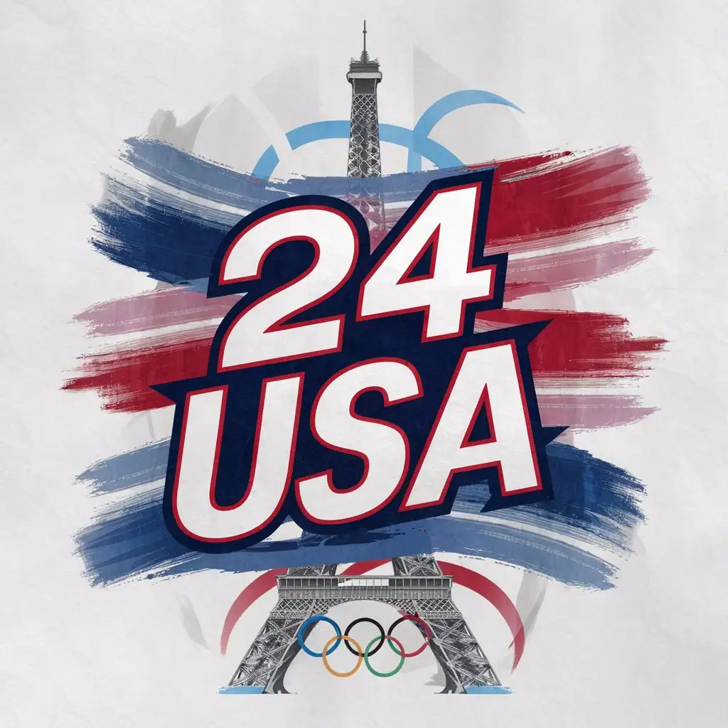 featured in red white and blue, in the middle, text "24 USA" gradient brush strokes in red white and blue, stars and stripes, Eiffel Tower and olympics rings in the background