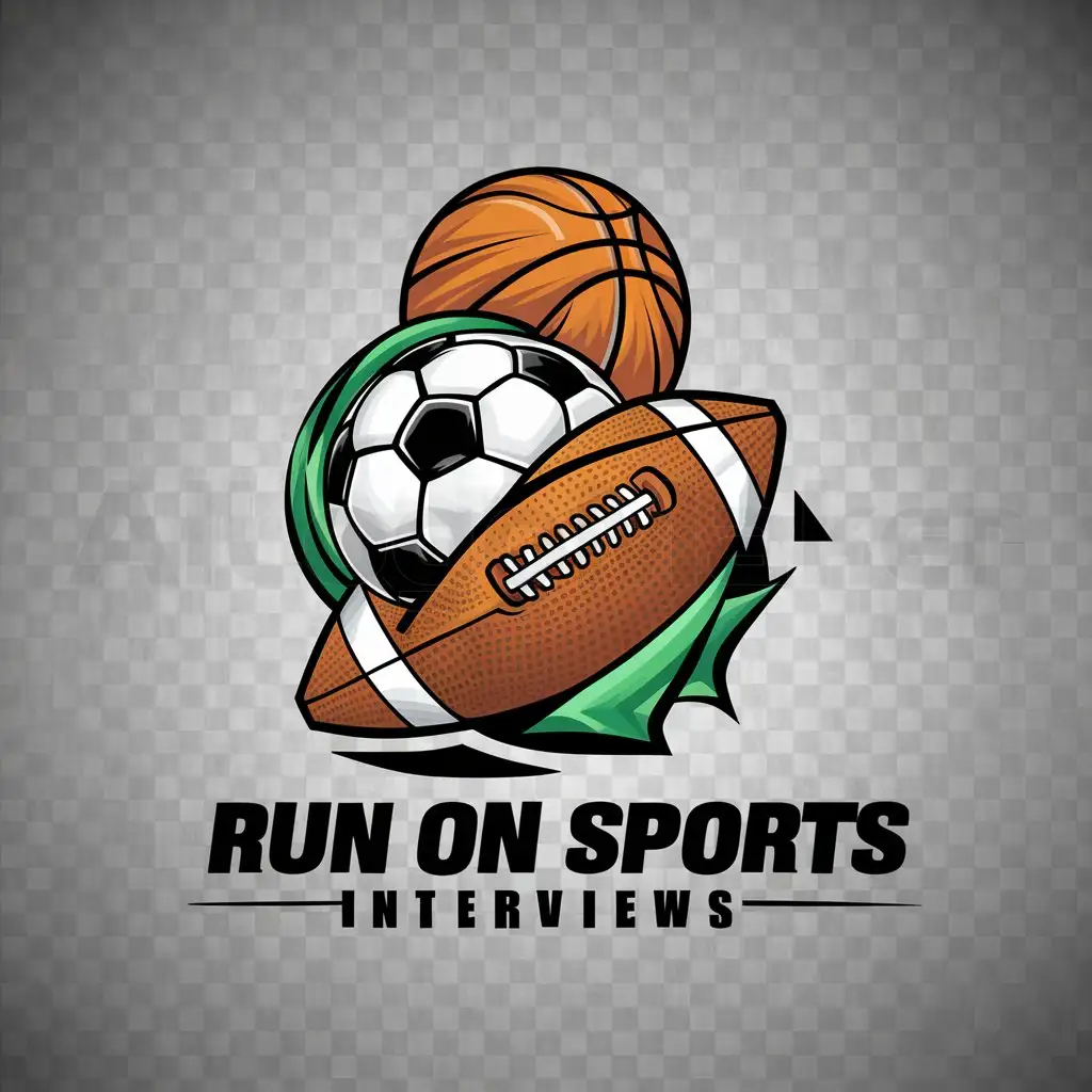 a logo design,with the text "Run On Sports Interviews", main symbol:i would like a combination of a soccer ball with a football and a basketball,Moderate,clear background