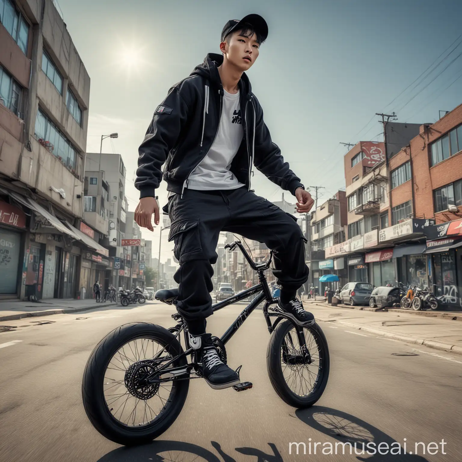 Urban Freestyle Handsome Korean Man Riding Modified Sports Motorbike
