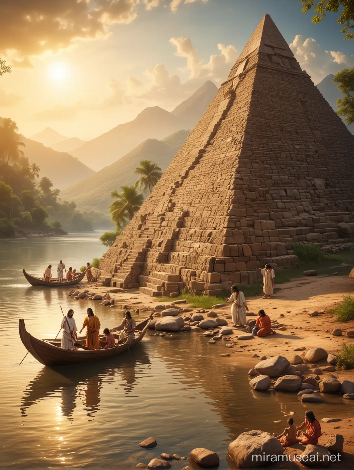 Children Playing by the Riverside with Boats and Pyramids in the Background