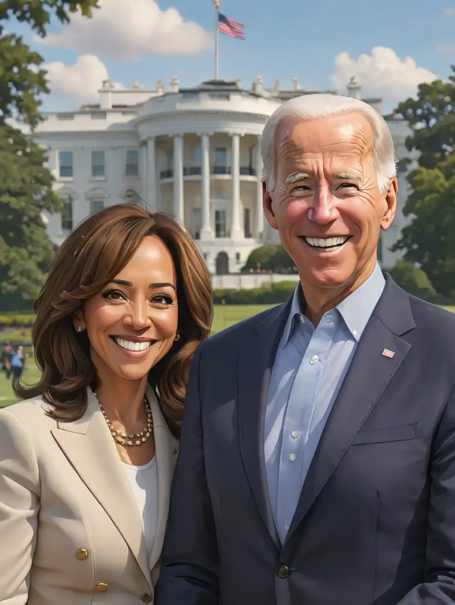 You are a sketch artist. Make me a cartoon of Joe Biden and Kamala Harris, both smiling, with the White House in the background. In the format of a portrait.