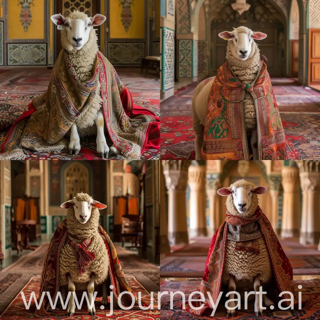 A sheep wear Iranian traditional clothes in Iranian palace
